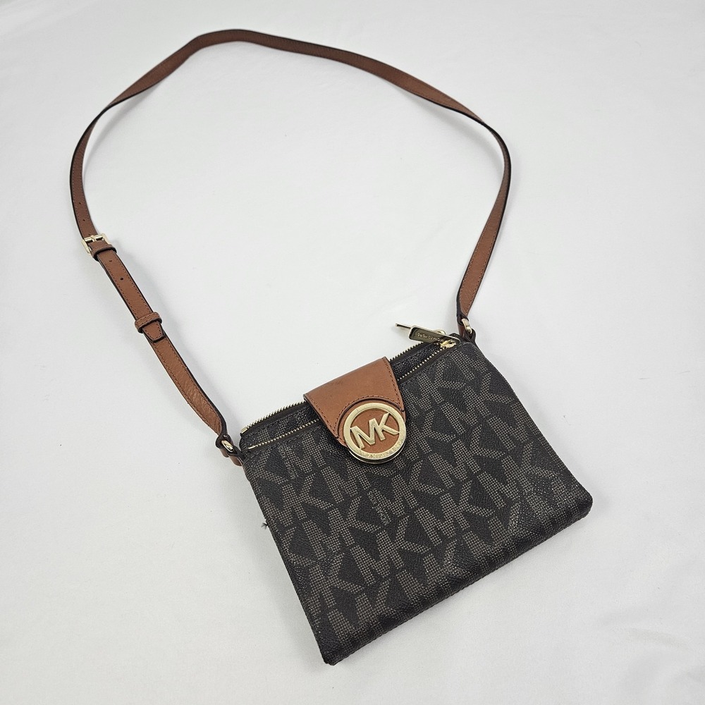 Michael Kors Crossbody Fulton Purse Brown MK Logo Double Zip